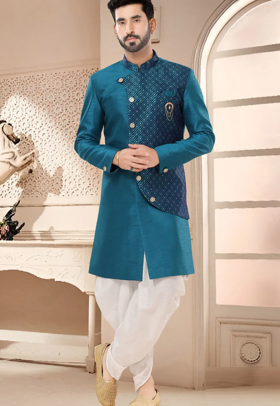 Woven Art Silk Jacquard Sherwani in Teal Blue