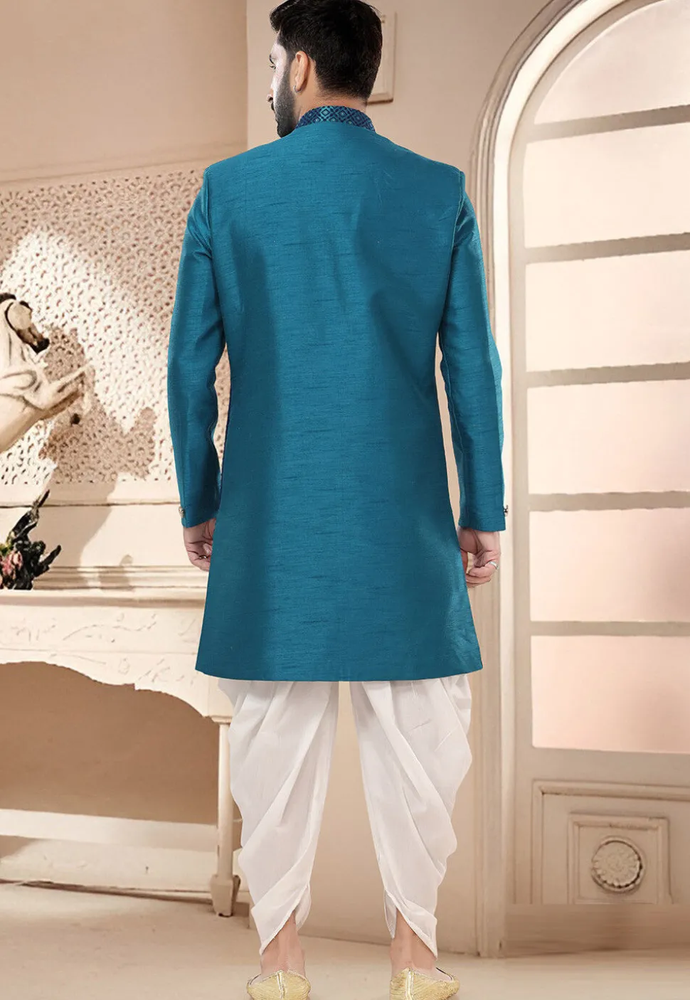 Woven Art Silk Jacquard Sherwani in Teal Blue
