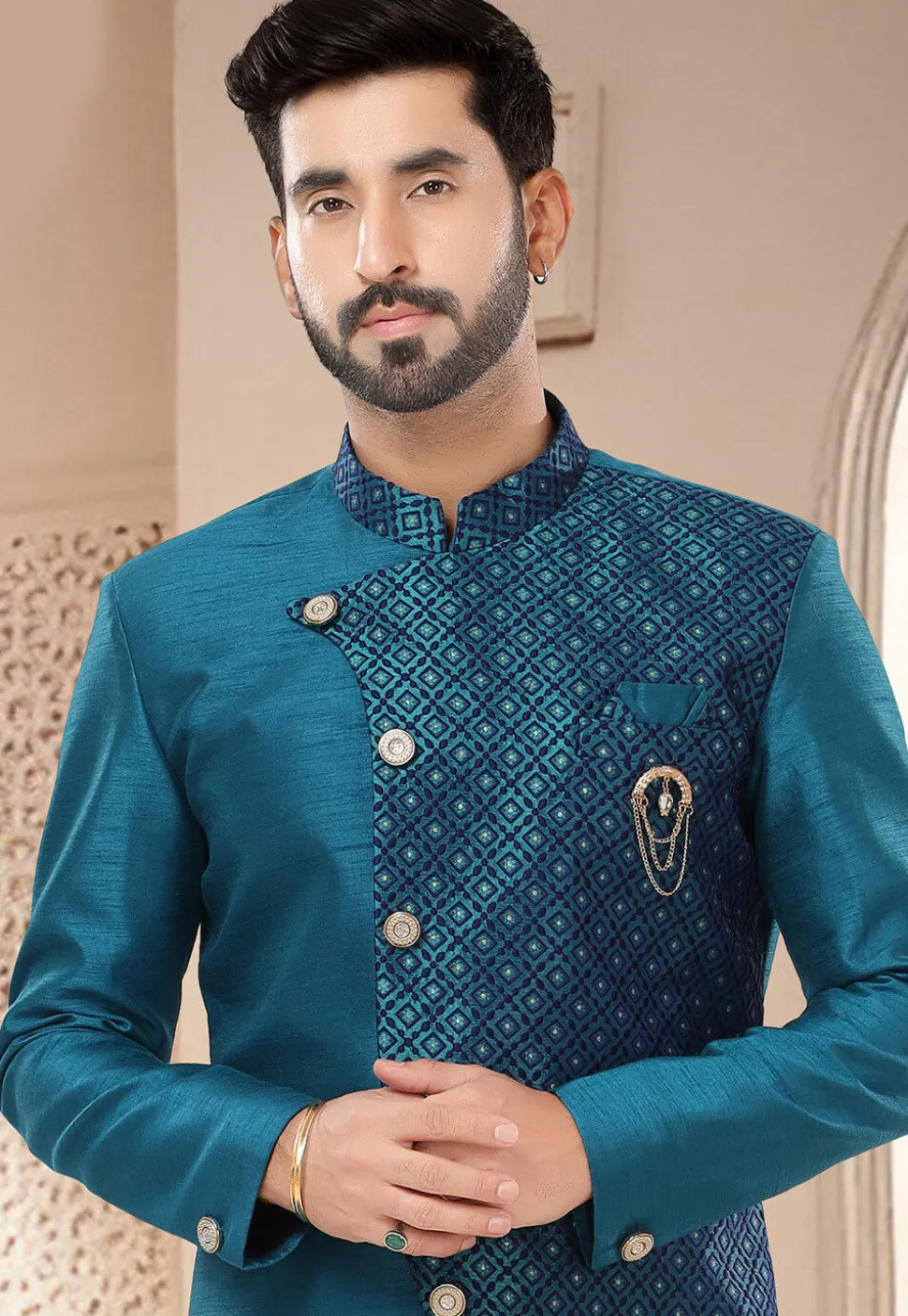 Woven Art Silk Jacquard Sherwani in Teal Blue