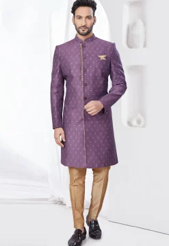 Woven Art Silk Jacquard Sherwani in Purple