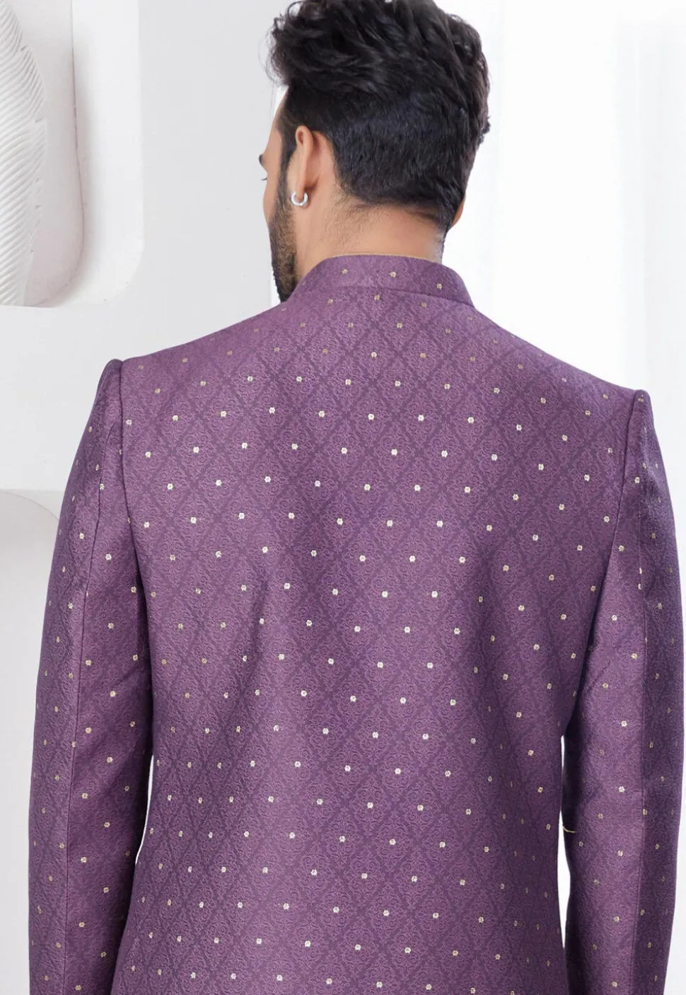 Woven Art Silk Jacquard Sherwani in Purple