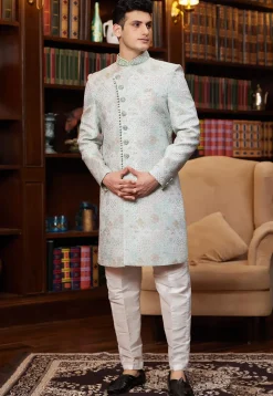 Woven Art Silk Jacquard Sherwani in Sea Green