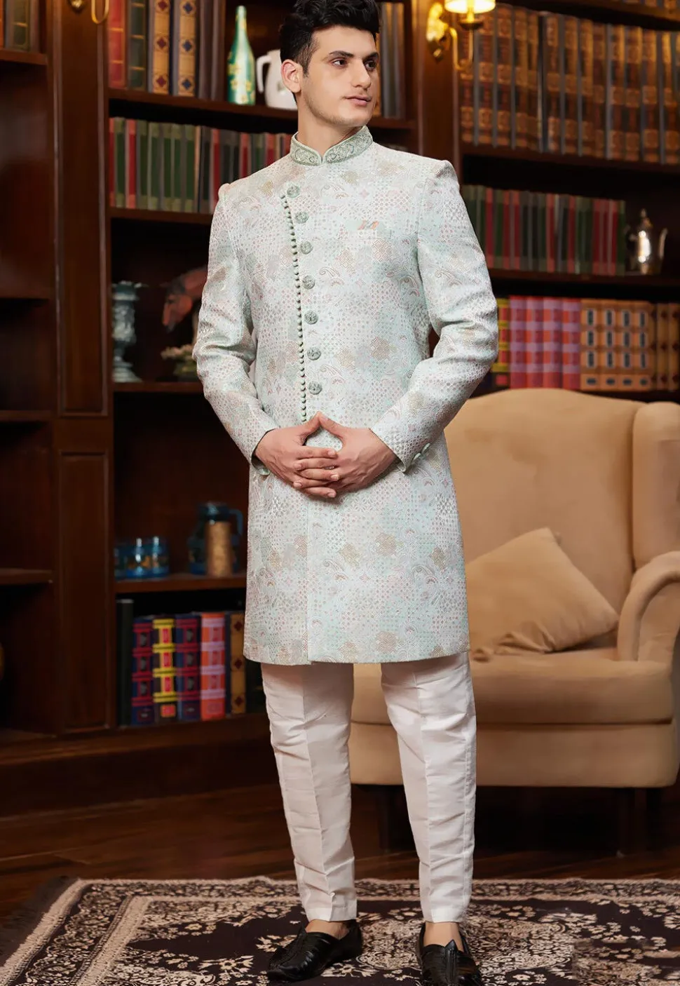 Woven Art Silk Jacquard Sherwani in Sea Green
