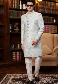 Woven Art Silk Jacquard Sherwani in Sea Green