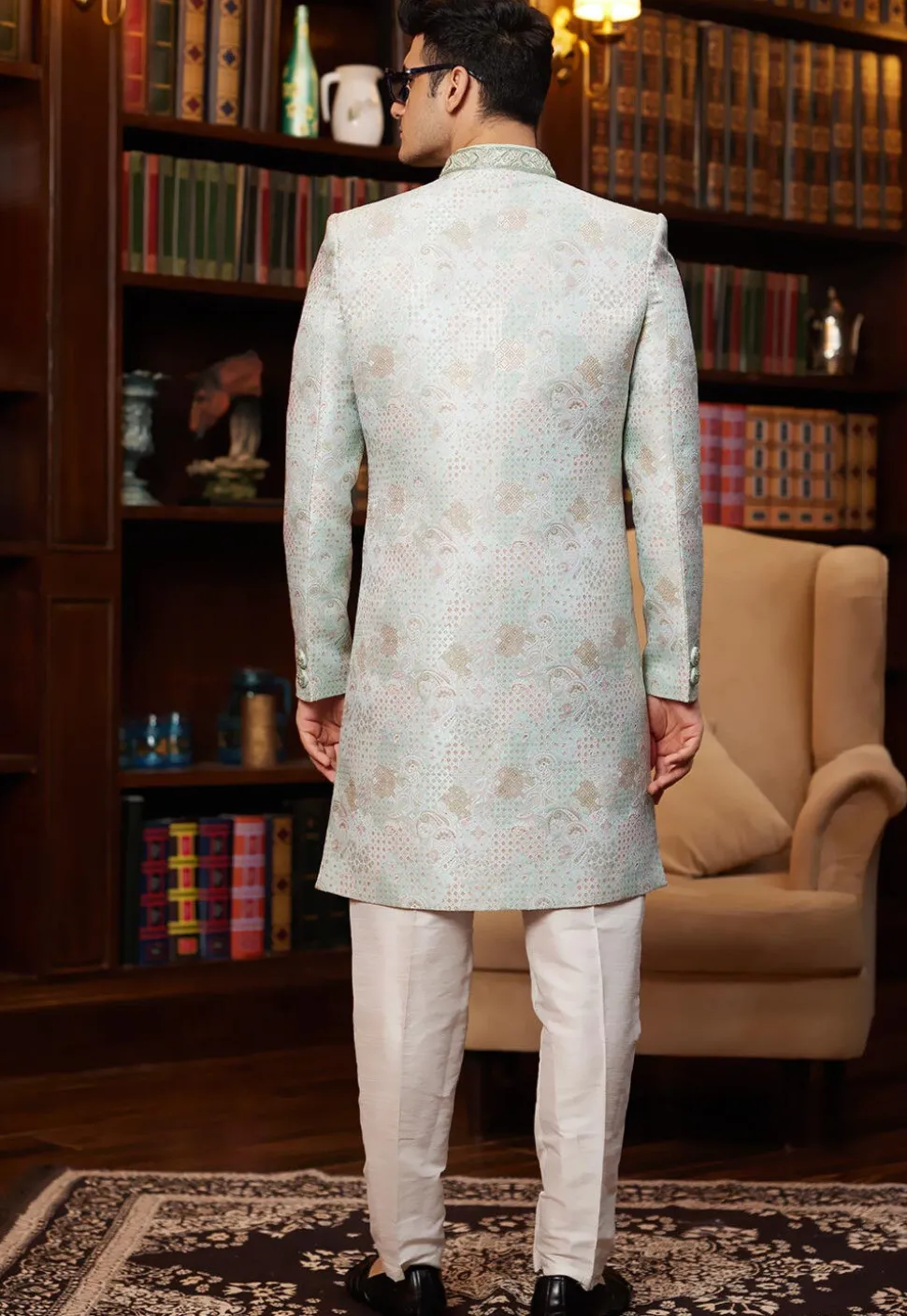 Woven Art Silk Jacquard Sherwani in Sea Green
