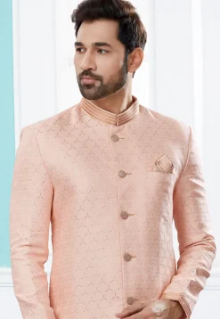 Woven Art Silk Jacquard Sherwani in Peach