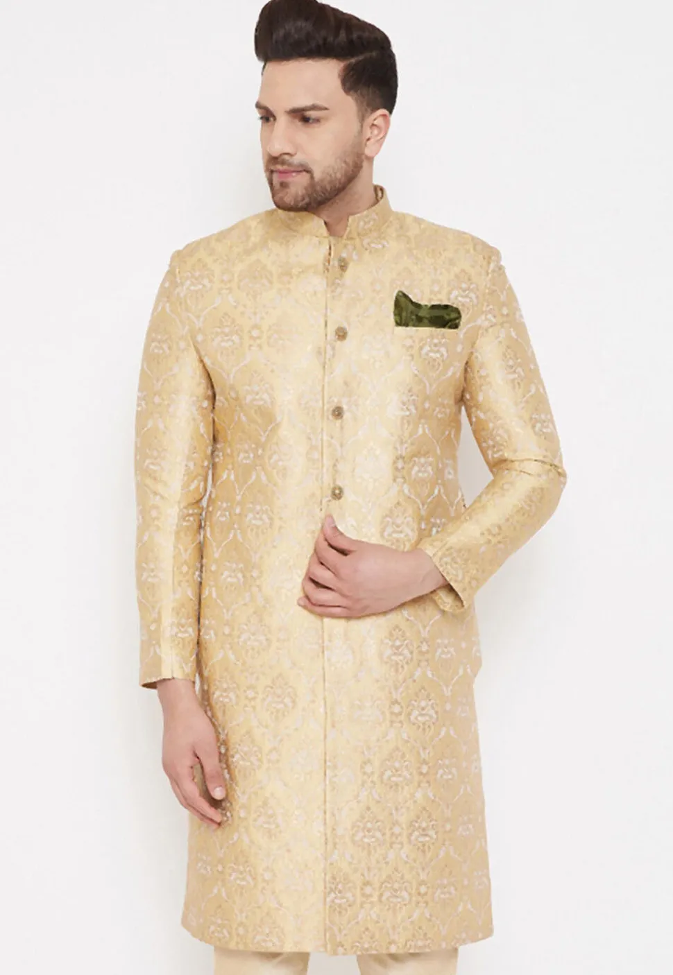 Woven Art Silk Jacquard Sherwani in Beige