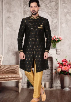 Woven Art Silk Jacquard Sherwani in Black