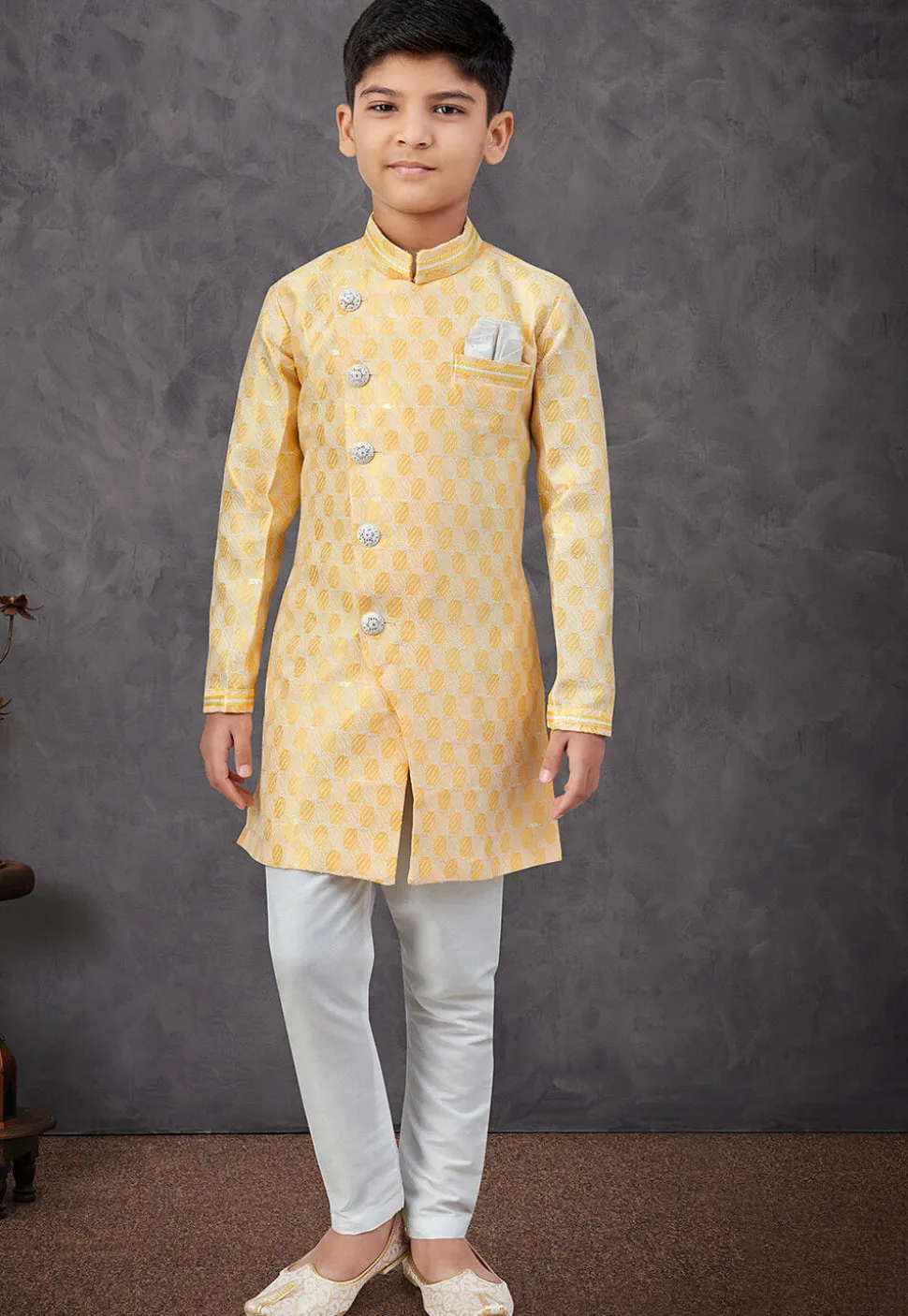 Woven Art Silk Jacquard Sherwani in Yellow