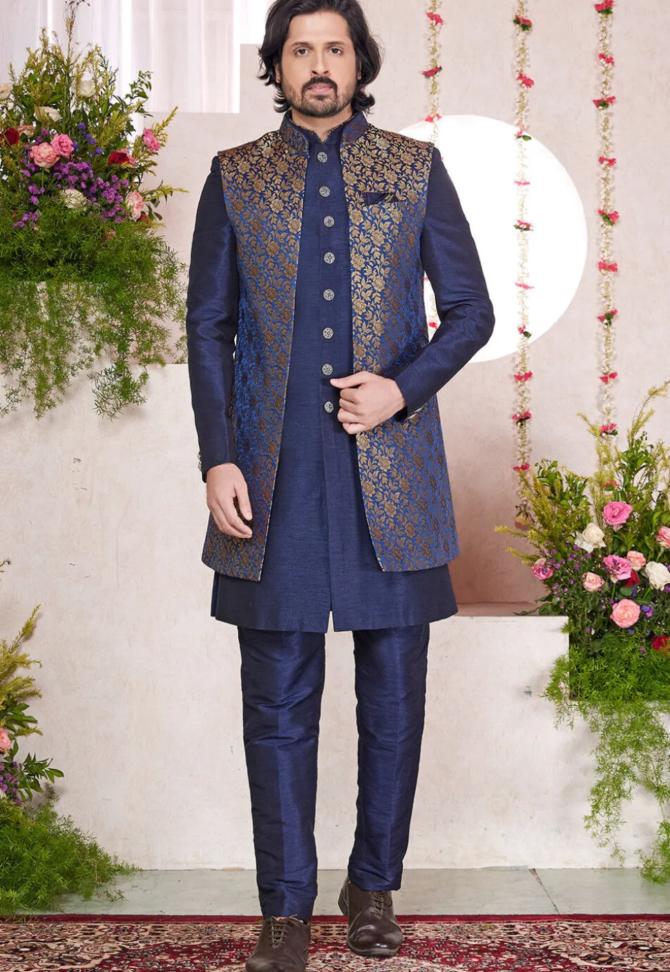 Woven Art Silk Jacquard Sherwani in Navy Blue