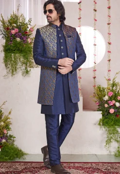 Woven Art Silk Jacquard Sherwani in Navy Blue