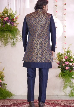 Woven Art Silk Jacquard Sherwani in Navy Blue
