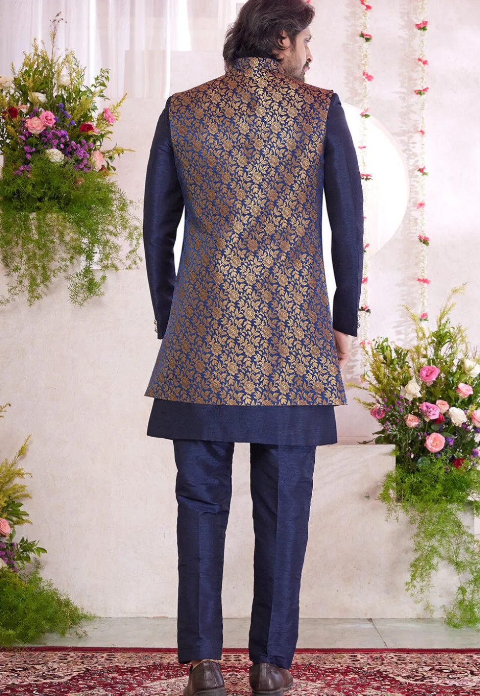 Woven Art Silk Jacquard Sherwani in Navy Blue