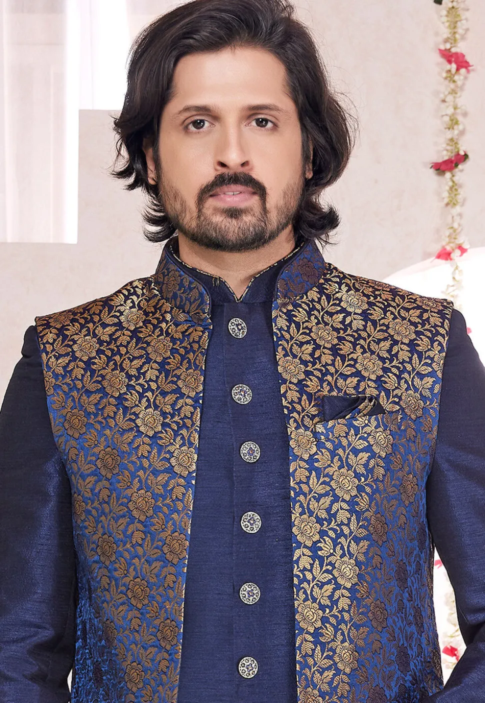 Woven Art Silk Jacquard Sherwani in Navy Blue