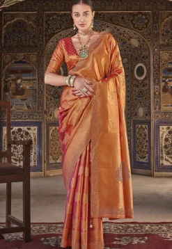 Woven Art Silk Jacquard Saree in Orange
