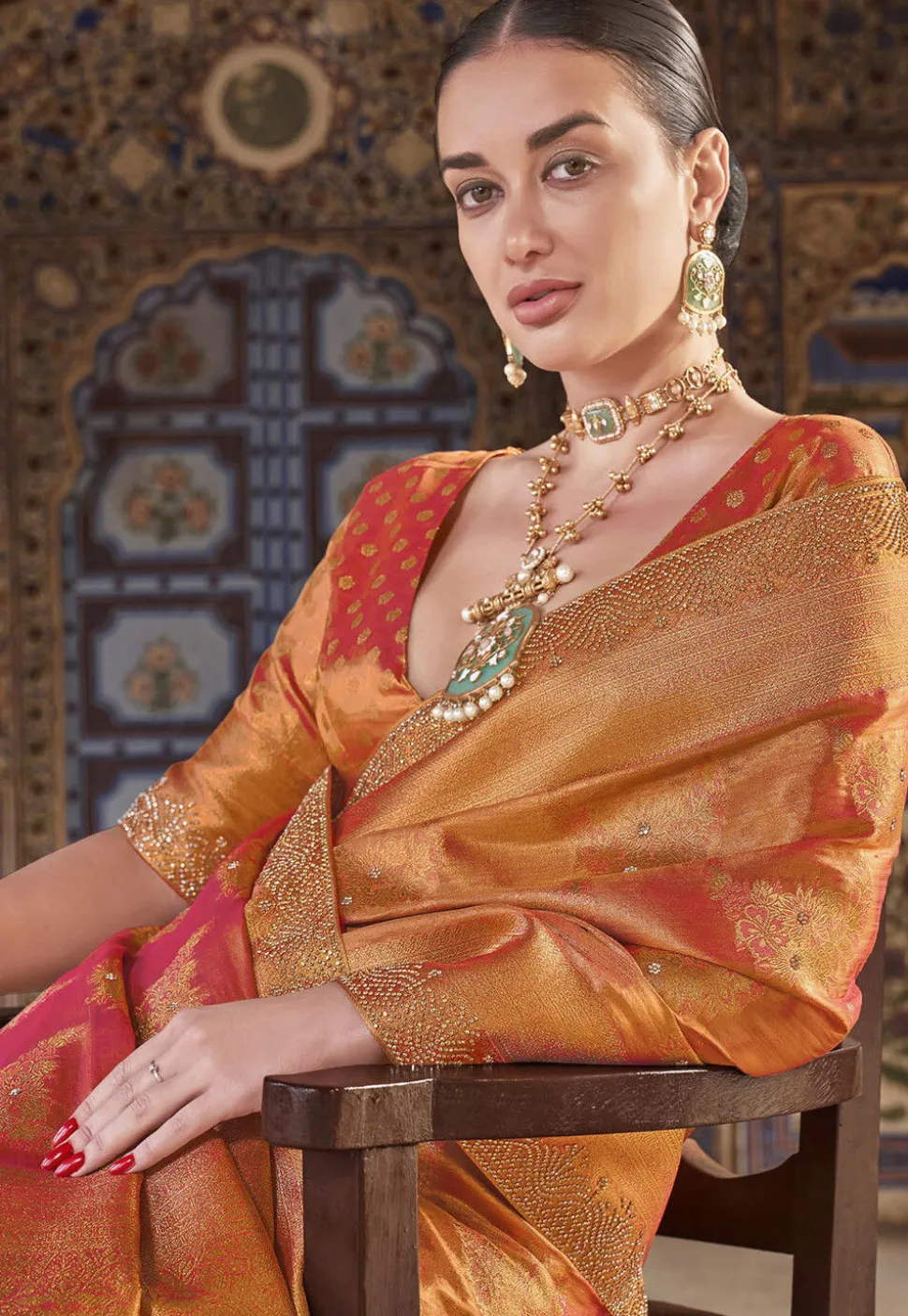 Woven Art Silk Jacquard Saree in Orange