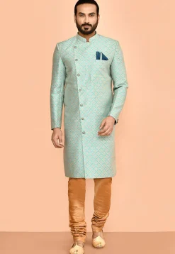 Woven Art Silk Jacquard Sherwani in Teal Blue