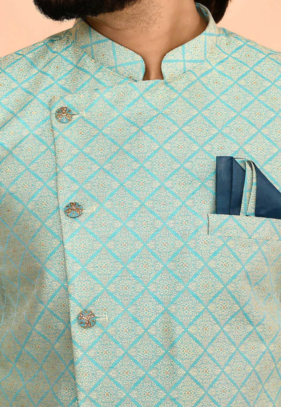 Woven Art Silk Jacquard Sherwani in Teal Blue