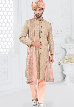 Woven Art Silk Jacquard Sherwani in Beige