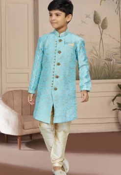 Woven Art Silk Jacquard Sherwani in Sky Blue