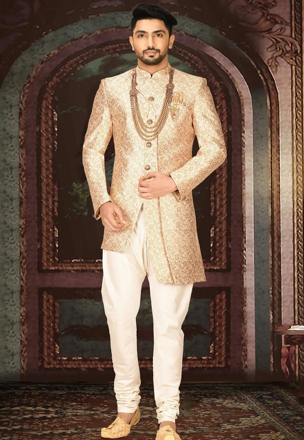Woven Art Silk Jacquard Sherwani in Beige