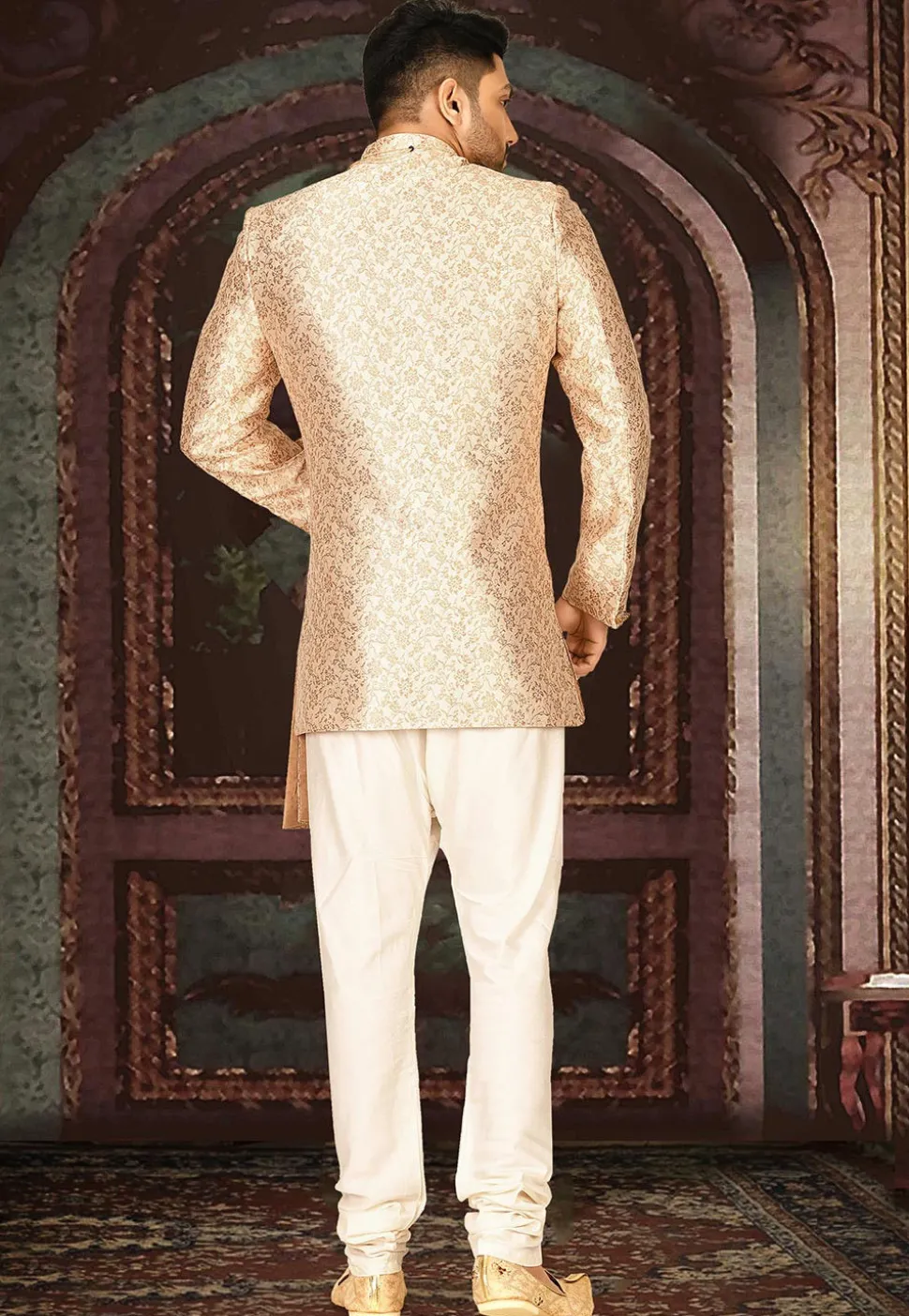 Woven Art Silk Jacquard Sherwani in Beige