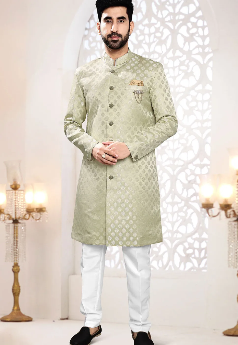 Woven Art Silk Jacquard Sherwani in Light Green
