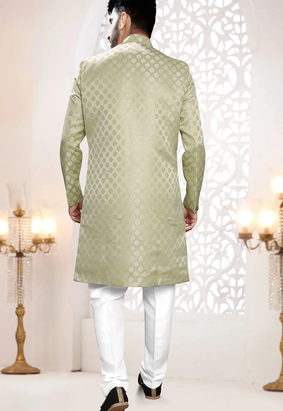 Woven Art Silk Jacquard Sherwani in Light Green