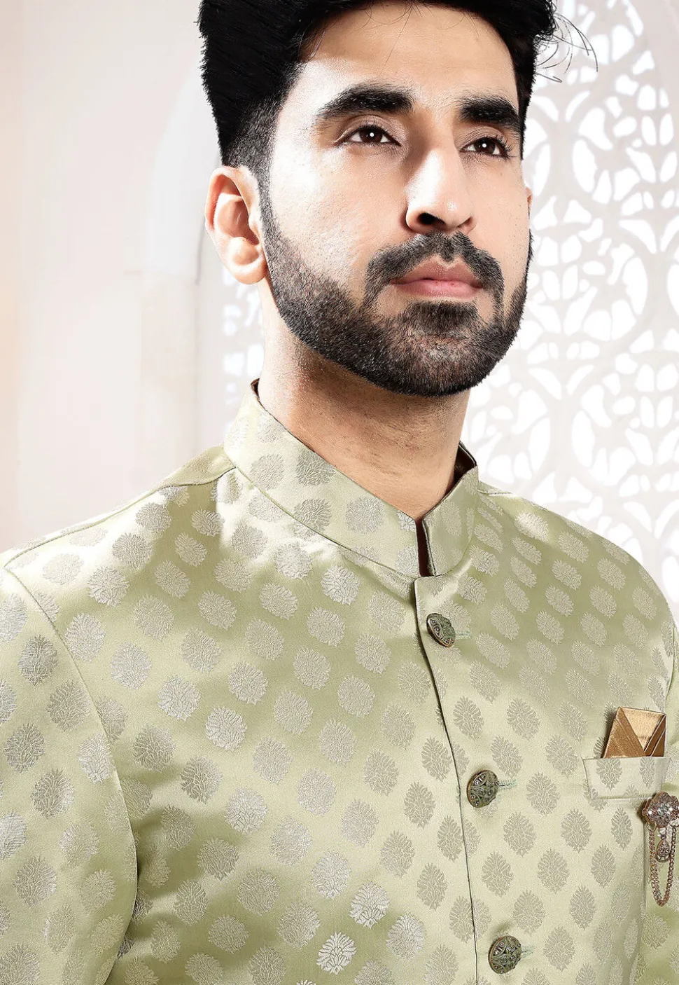 Woven Art Silk Jacquard Sherwani in Light Green