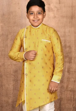Woven Art Silk Jacquard Sherwani in Yellow