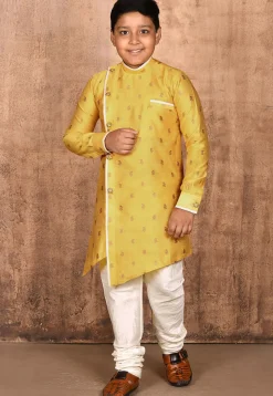 Woven Art Silk Jacquard Sherwani in Yellow