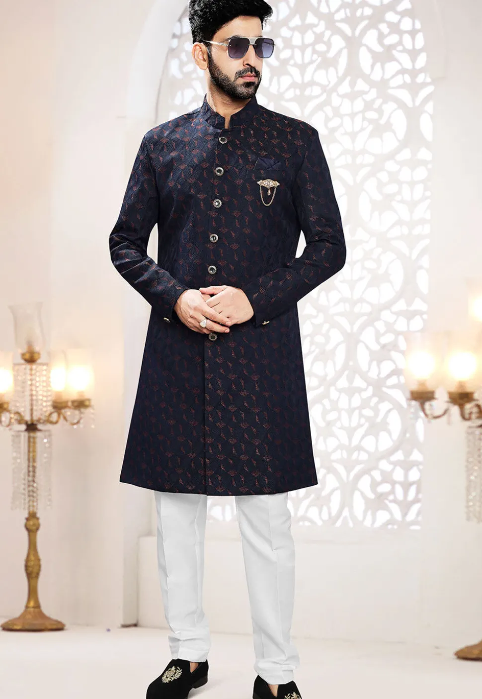 Woven Art Silk Jacquard Sherwani in Navy Blue