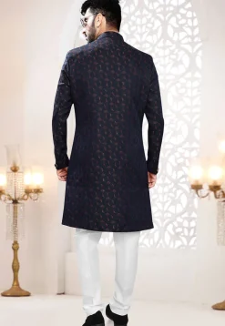 Woven Art Silk Jacquard Sherwani in Navy Blue