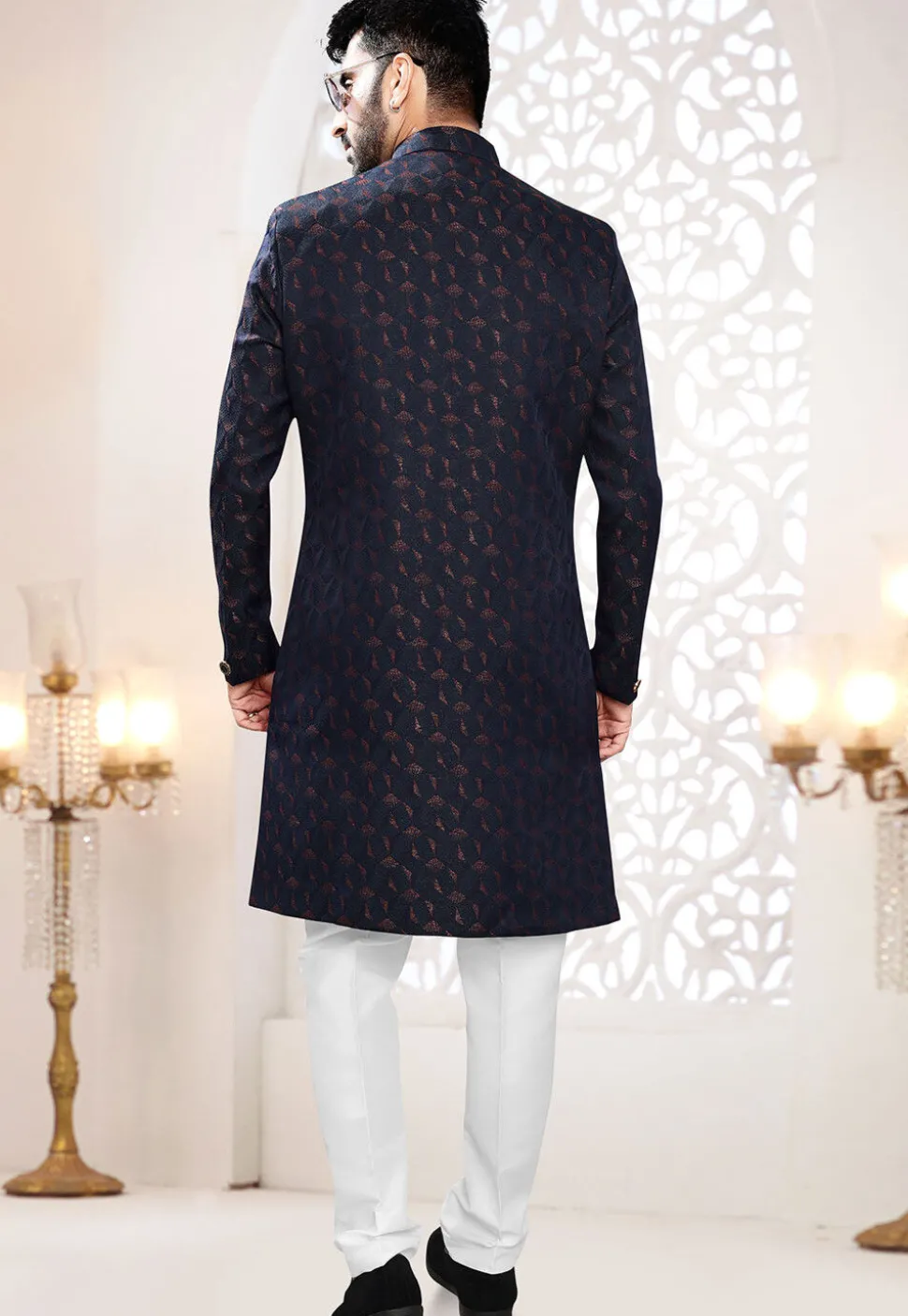 Woven Art Silk Jacquard Sherwani in Navy Blue