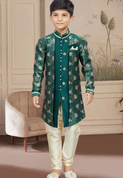 Woven Art Silk Jacquard Sherwani in Dark Green