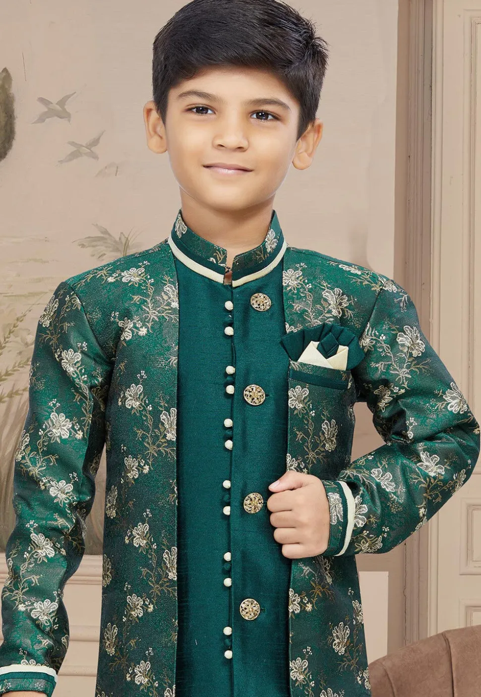 Woven Art Silk Jacquard Sherwani in Dark Green