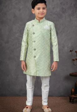 Woven Art Silk Jacquard Sherwani in Light Green
