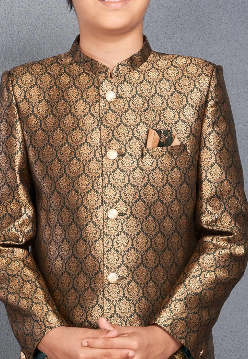 Woven Art Silk Jacquard Sherwani in Dark Green and Golden