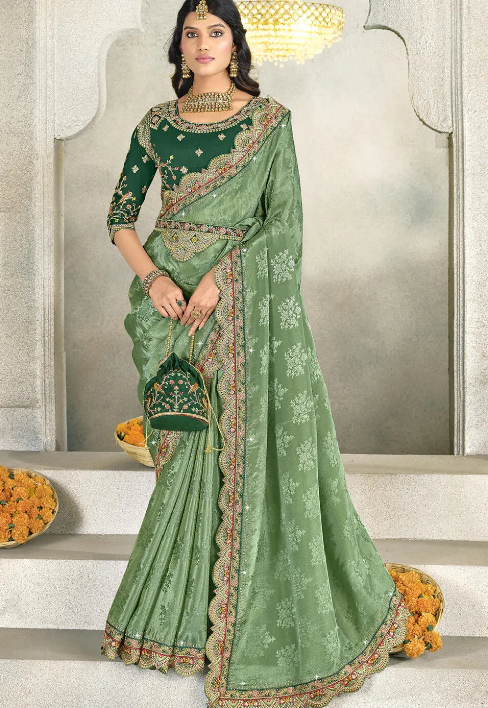 Woven Art Silk Jacquard Saree in Light Green
