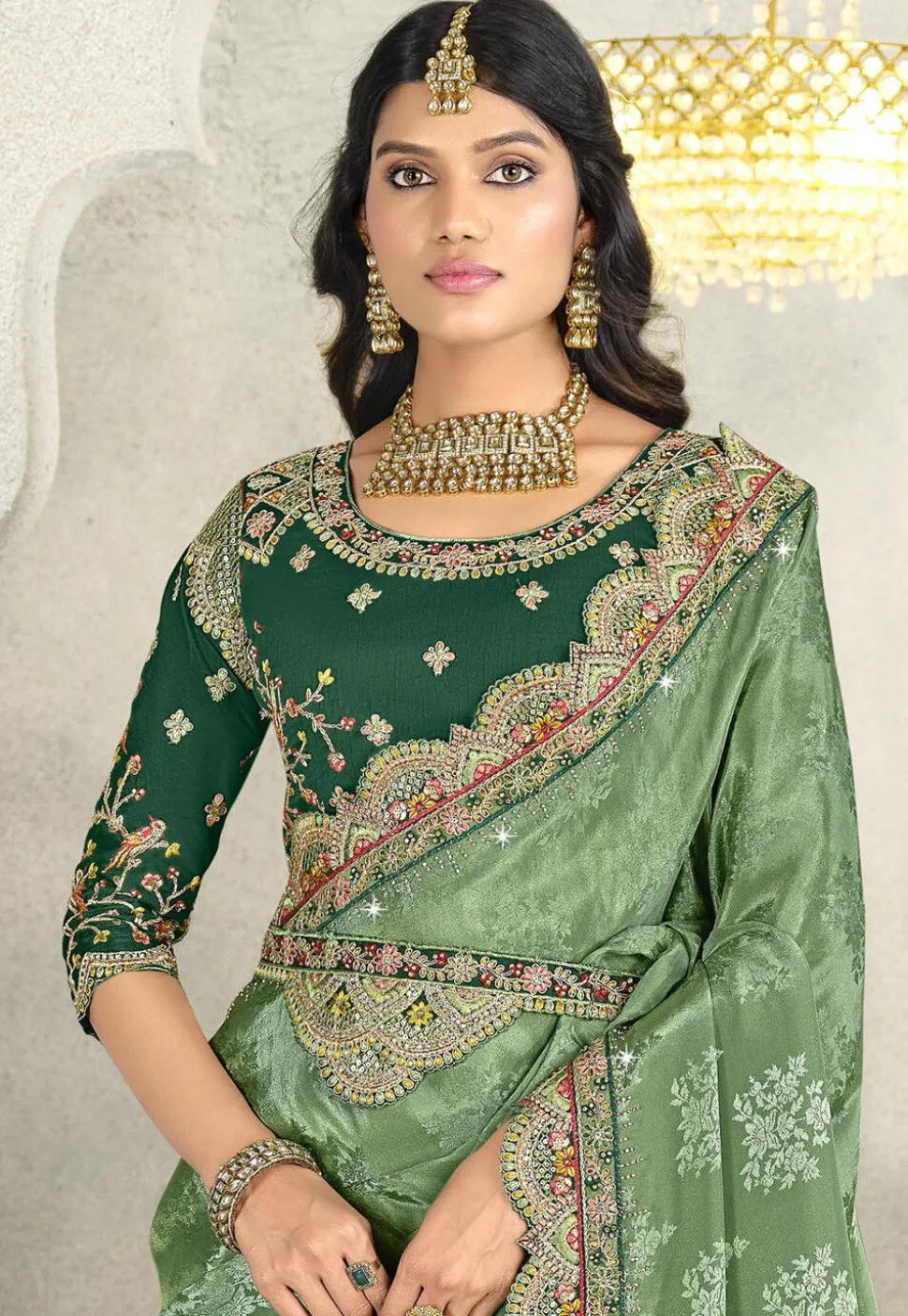 Woven Art Silk Jacquard Saree in Light Green
