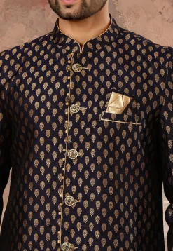 Woven Art Silk Jacquard Sherwani in Navy Blue