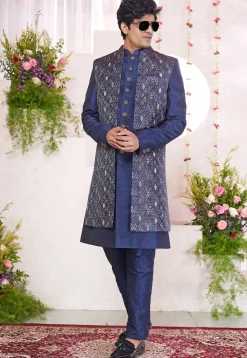 Woven Art Silk Jacquard Sherwani in Navy Blue
