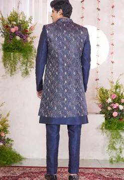 Woven Art Silk Jacquard Sherwani in Navy Blue