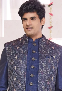 Woven Art Silk Jacquard Sherwani in Navy Blue