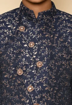 Woven Art Silk Jacquard Sherwani in Navy Blue