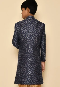 Woven Art Silk Jacquard Sherwani in Navy Blue
