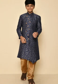 Woven Art Silk Jacquard Sherwani in Navy Blue