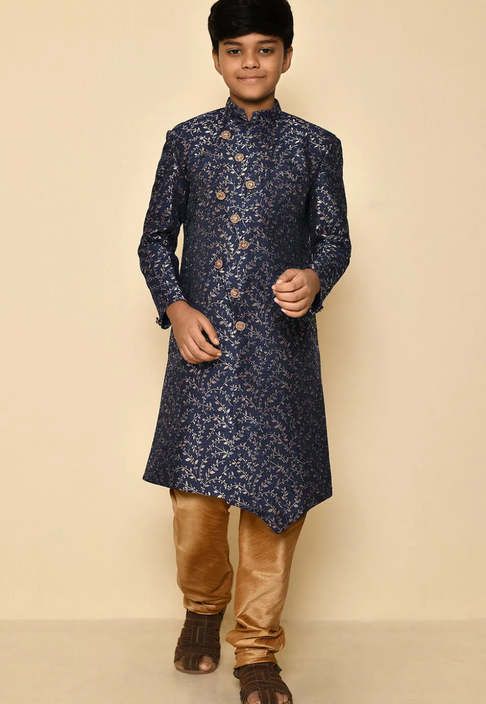 Woven Art Silk Jacquard Sherwani in Navy Blue