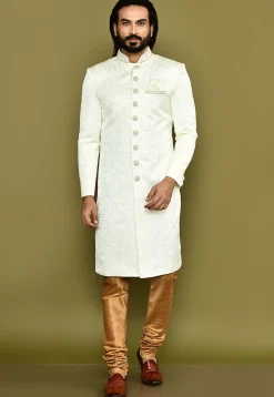 Woven Art Silk Jacquard Sherwani in White