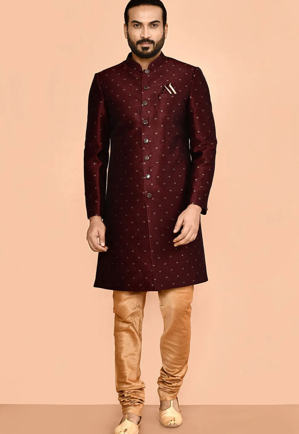 Woven Art Silk Jacquard Sherwani in Maroon